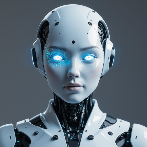 人工智能机器人头像，银色金属质感，蓝色发光眼睛，科技感背景，未来主义风格