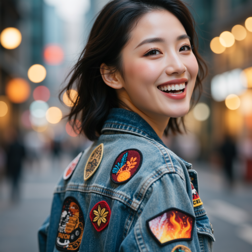 三十岁左右女性头像，穿蓝色外套，户外背景，正面微笑，时尚专业形象